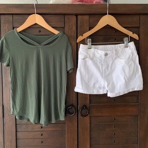 Cherokee sz 6 white denim shorts and coordinating olive Art Class t shirt sz 6